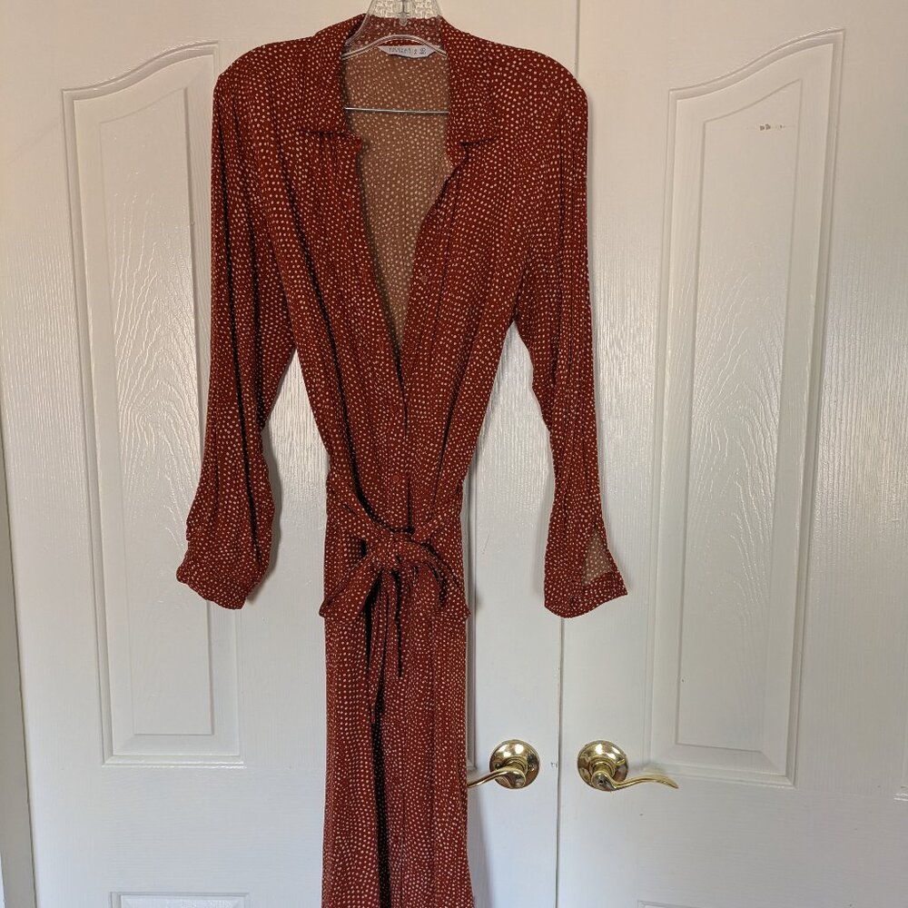 Compania Fantastica - Burnt Orange Polka Dot Midi Shirt Dress - L